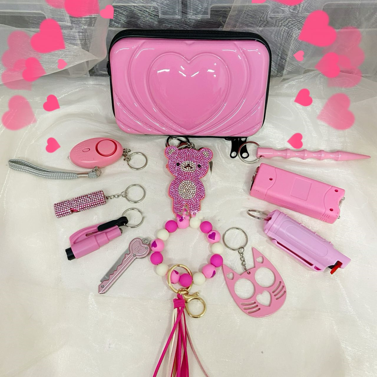 10 Pcs Keychain Set-Pink Bear Set - Premium self defense keychain set for women's personal safety. Features 10-piece comprehensive set and Multiple defense tools.
