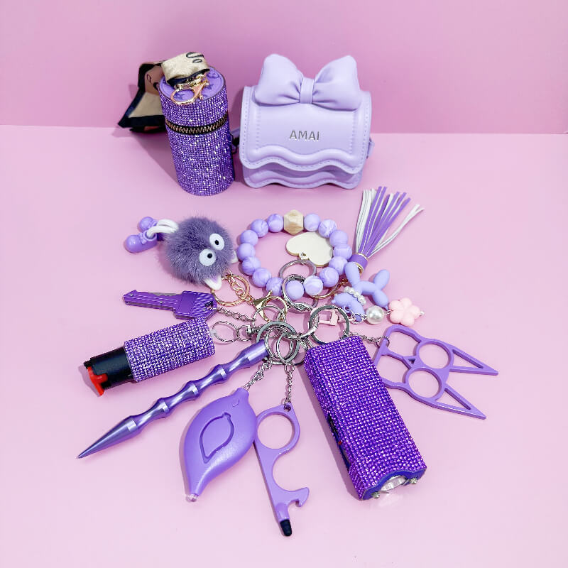 12 Pieces Cute Bow Bag Self Defence Keychain Kit - Premium self defense keychain set for women's personal safety. Features 12-piece comprehensive set and Keychain attachment.
