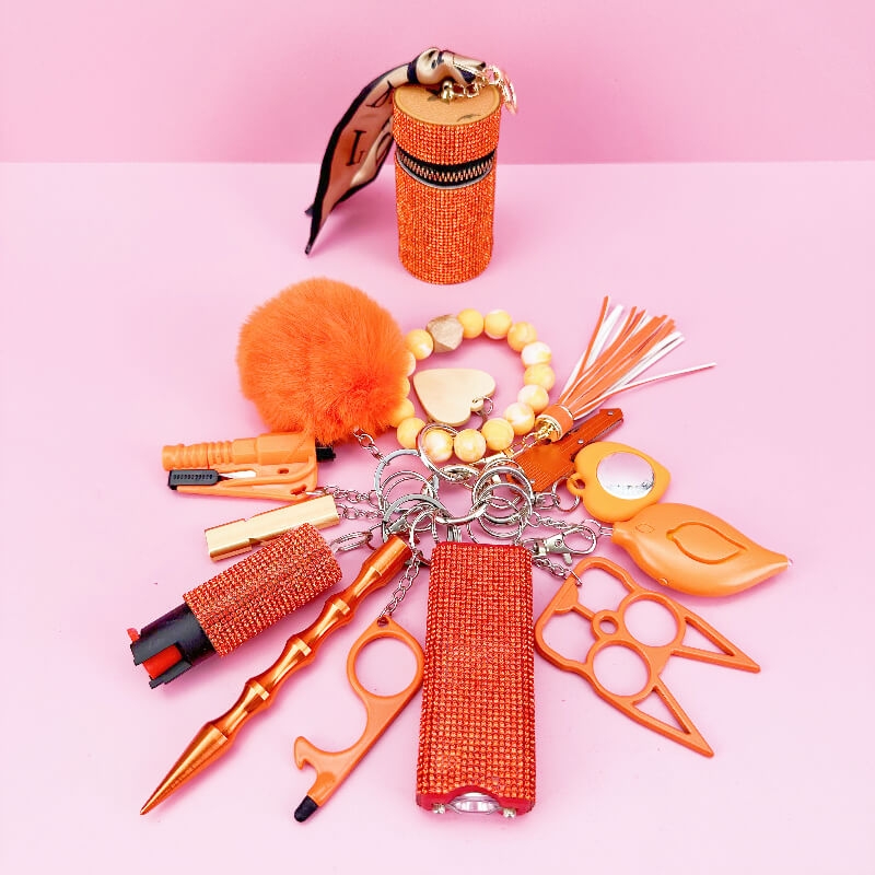 13 Piece Bead Bracelet Self-defense Key Kit-Orange - Premium self defense keychain set for women's personal safety. Features 13-piece comprehensive set and Keychain attachment.