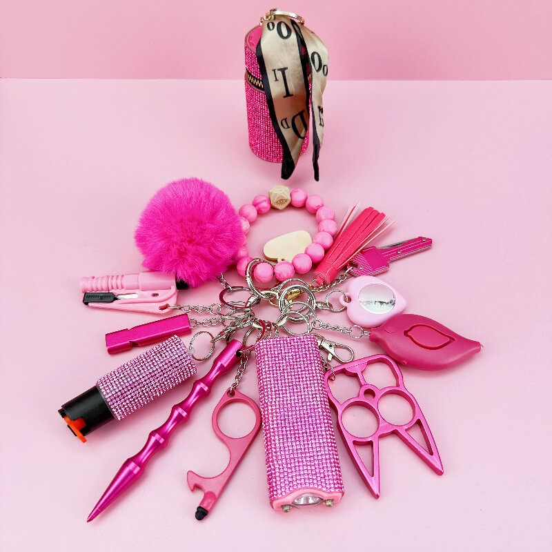 13 Piece Bead Bracelet Self-defense Key Kit-Rose Red - Premium self defense keychain set for women's personal safety. Features 13-piece comprehensive set and Keychain attachment.