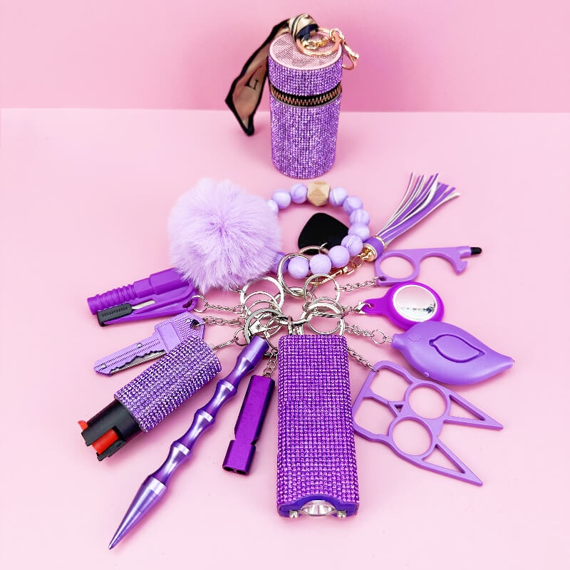 13 Piece Bead Bracelet Self-defense Key Kit-purple - Premium self defense keychain set for women's personal safety. Features 13-piece comprehensive set and Keychain attachment.