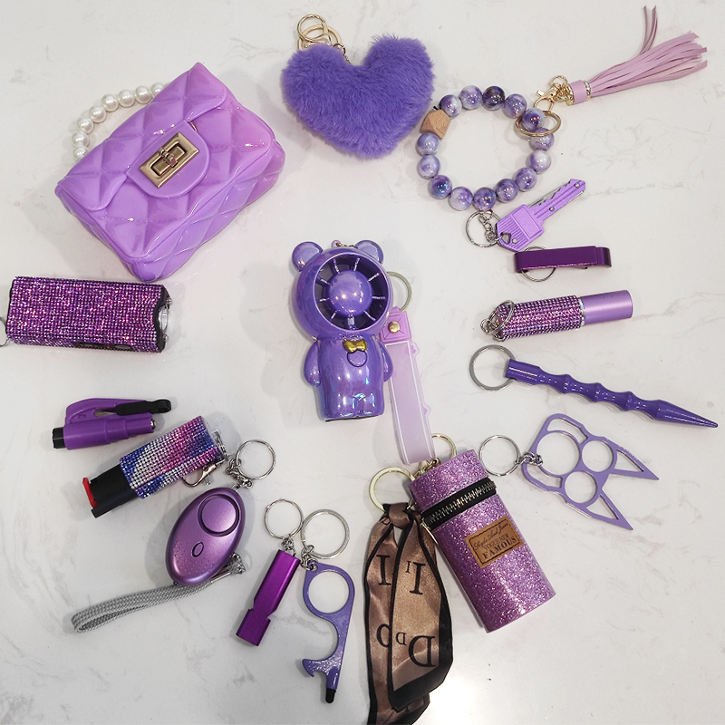 16-piece Bear Fan Purple Keychain Set - Premium self defense keychain set for women's personal safety. Features Multiple defense tools and Comprehensive protection.