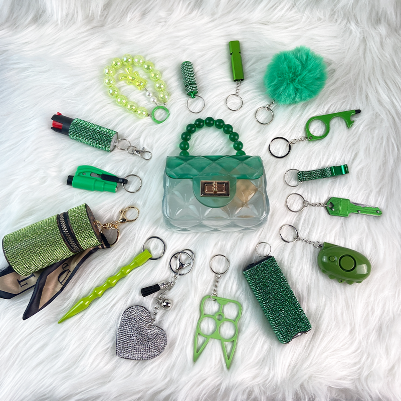 16-piece Light Green Keychain Set - Premium self defense keychain set for women's personal safety. Features Multiple defense tools and Comprehensive protection.