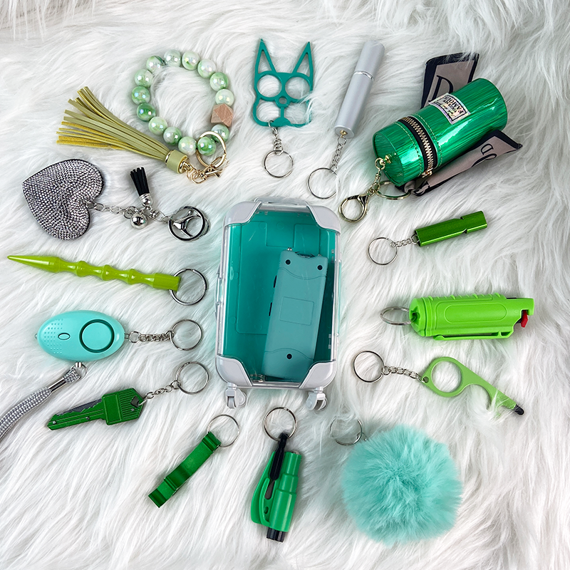 16-piece No Bling Teal Keychain Set - Premium self defense keychain set for women's personal safety. Features Multiple defense tools and Comprehensive protection.