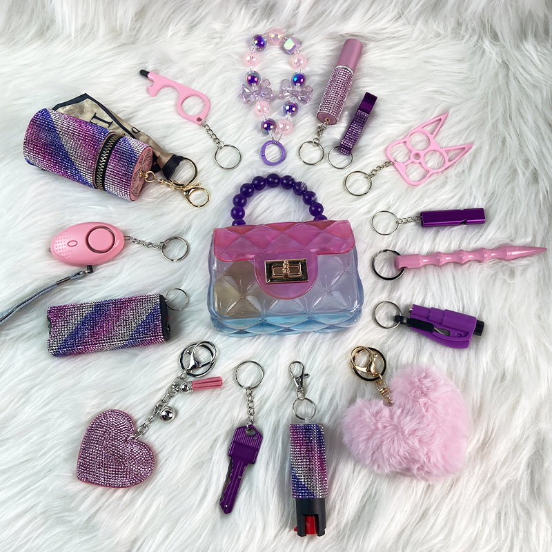 16-piece Pink-purple Splicing Keychain Set - Premium self defense keychain set for women's personal safety. Features Multiple defense tools and Comprehensive protection.