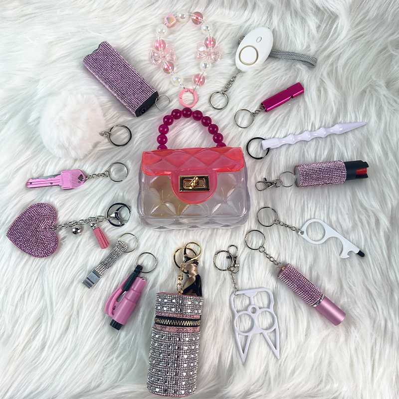16-piece Pink And White Keychain Set - Premium self defense keychain set for women's personal safety. Features Multiple defense tools and Comprehensive protection.