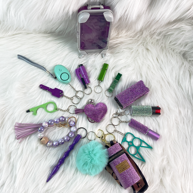 16-piece Teal And Purple Keychain Set - Premium self defense keychain set for women's personal safety. Features Multiple defense tools and Comprehensive protection.
