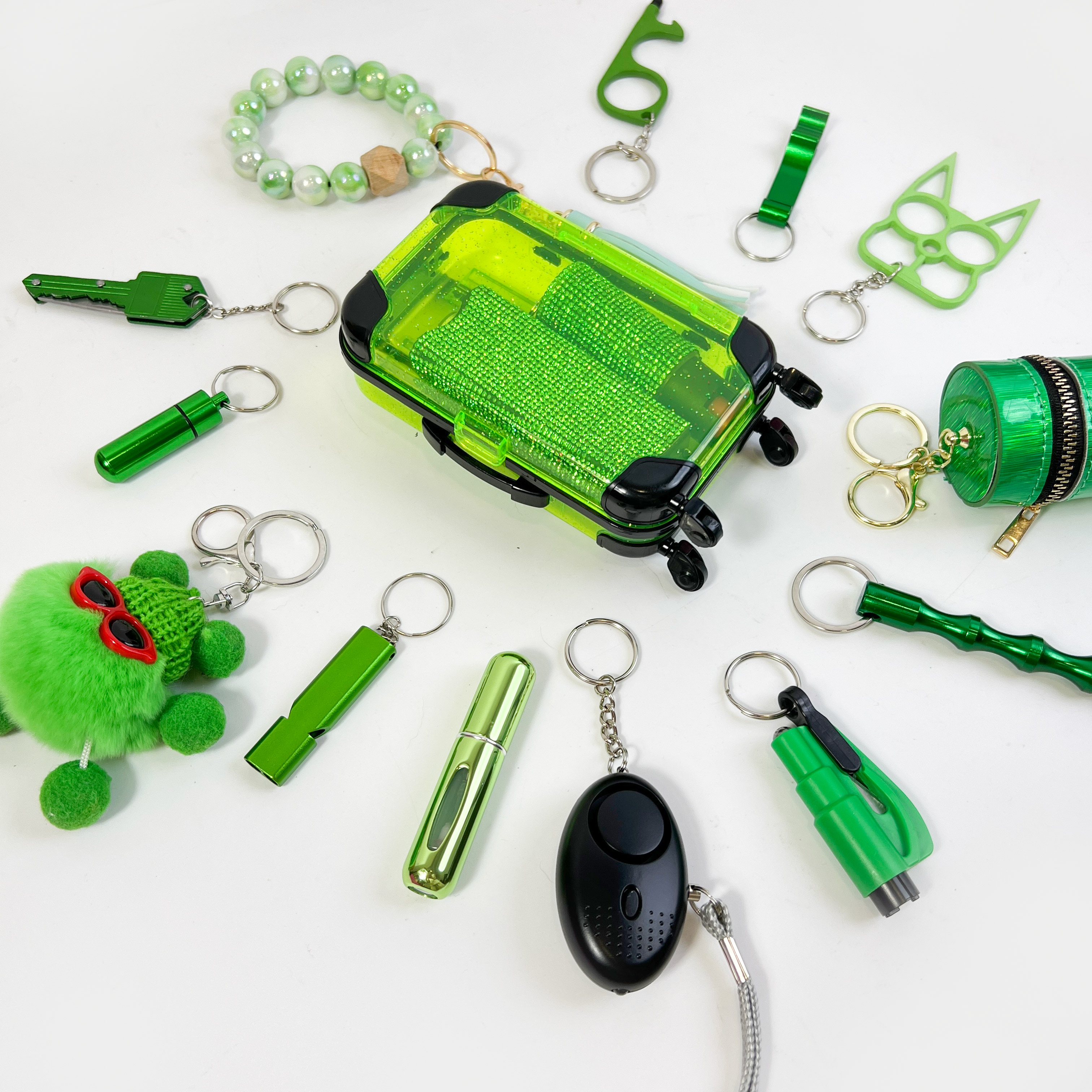 16PCS Green Keychain Set Fixed Suit - Premium self defense keychain set for women's personal safety. Features 16-piece comprehensive set and Multiple defense tools.