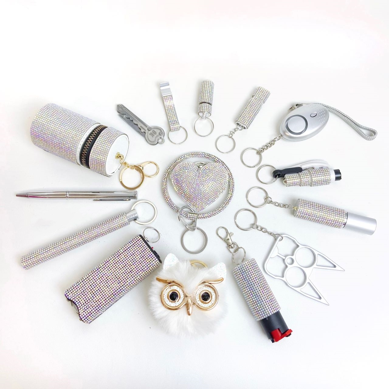 16 PCS AB Silver Safety Keychain - Premium self defense keychain set for women's personal safety. Features 16-piece comprehensive set and Keychain attachment.