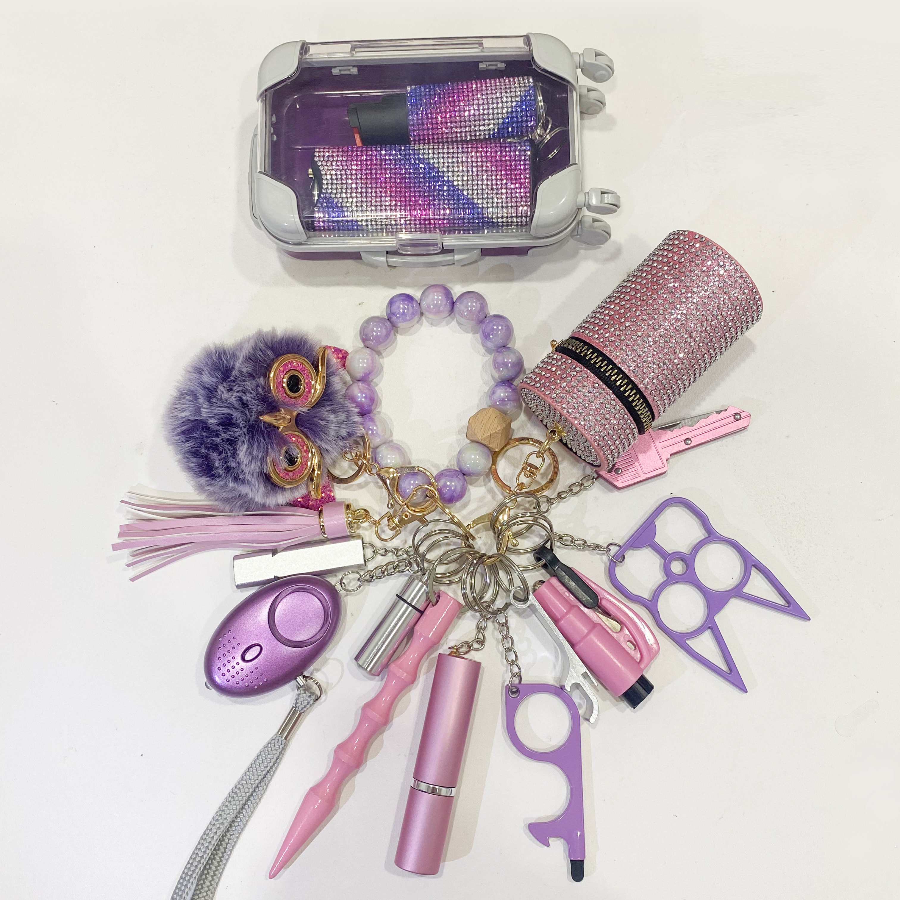 16 PCS Purple Keychain Set Fixed Suit - Premium self defense keychain set for women's personal safety. Features 16-piece comprehensive set and Multiple defense tools.