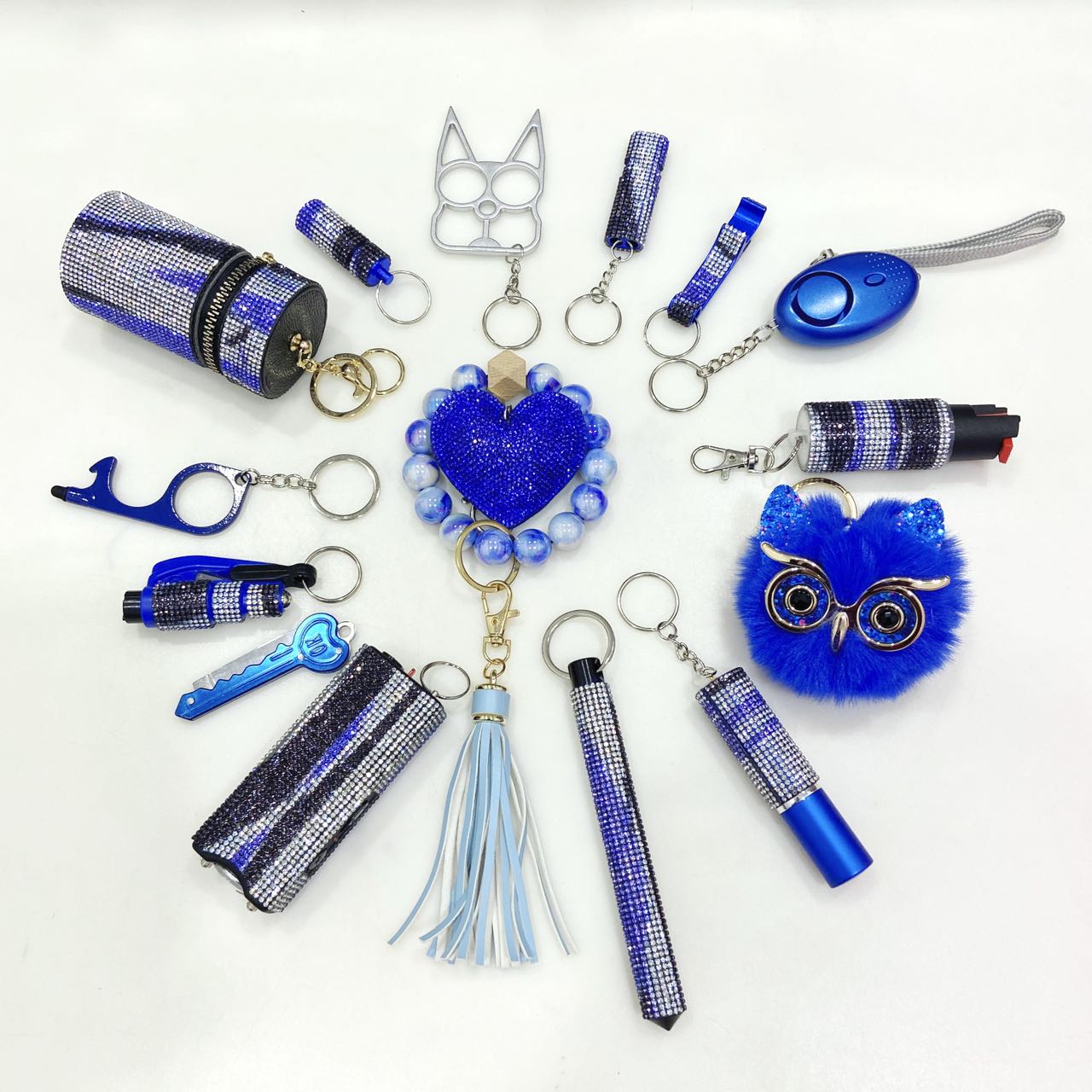 16pcs Blue Camo Keychain Set - Premium self defense keychain set for women's personal safety. Features 16-piece comprehensive set and Multiple defense tools.
