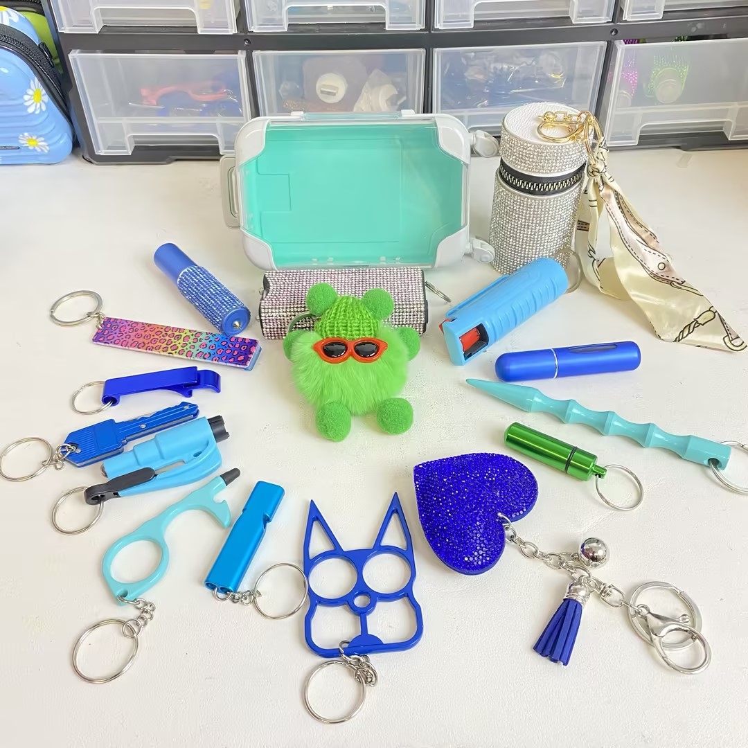 17-Piece Green Suitcase Keychain - Premium self defense keychain set for women's personal safety. Features Keychain attachment and Durable construction.