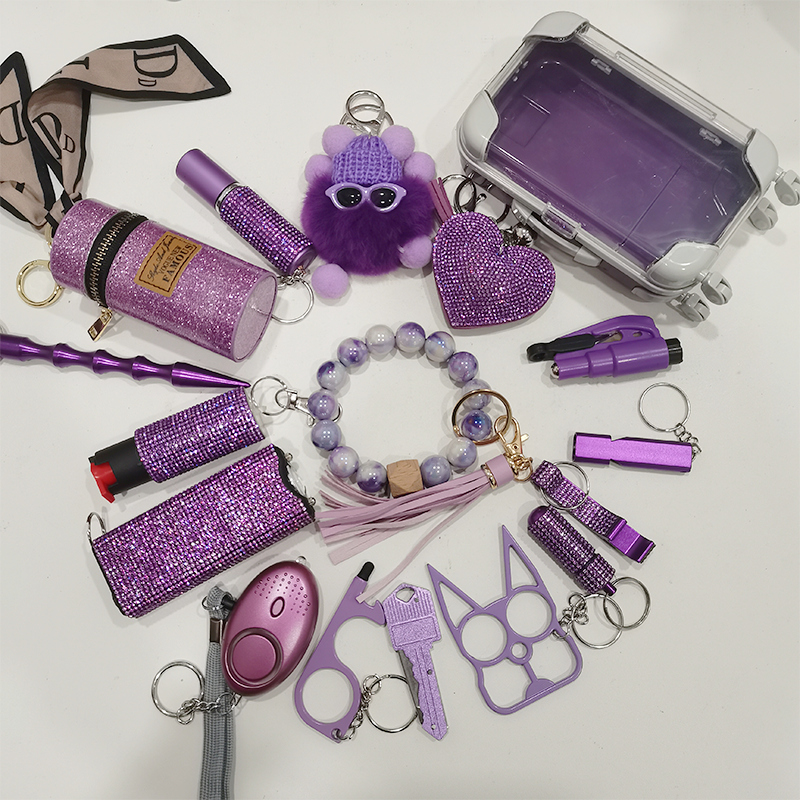 17-piece Purple Keychain Set - Premium self defense keychain set for women's personal safety. Features Multiple defense tools and Comprehensive protection.
