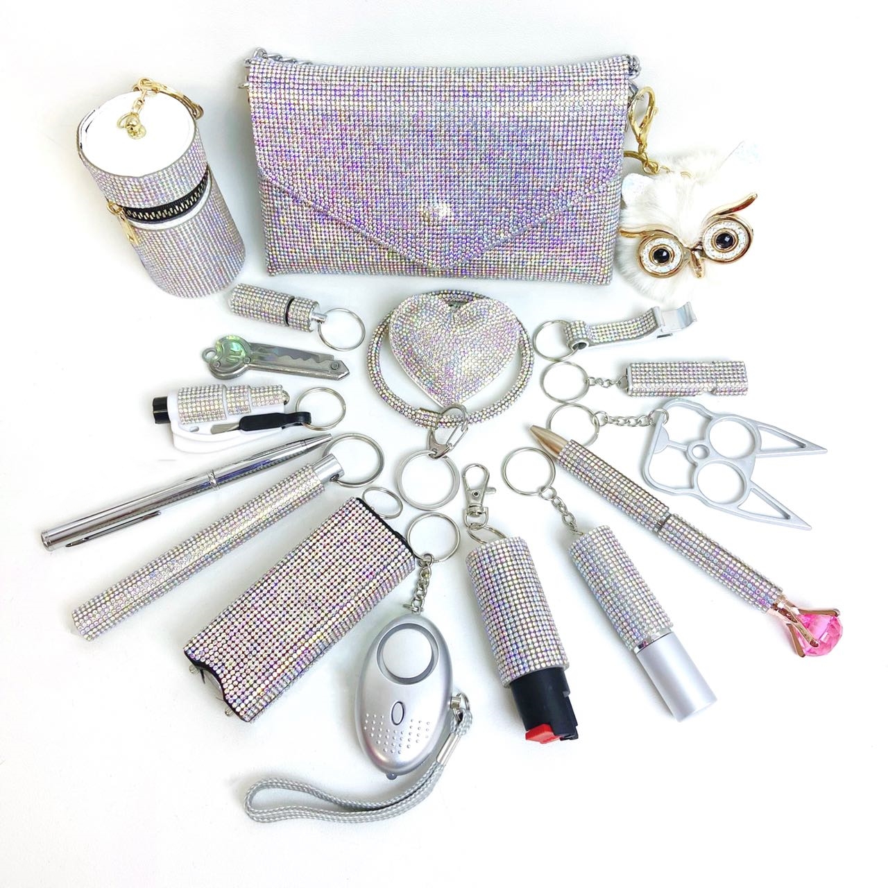 18 PCS AB Silver Safety Keychain - Premium self defense keychain set for women's personal safety. Features 18-piece comprehensive set and Keychain attachment.