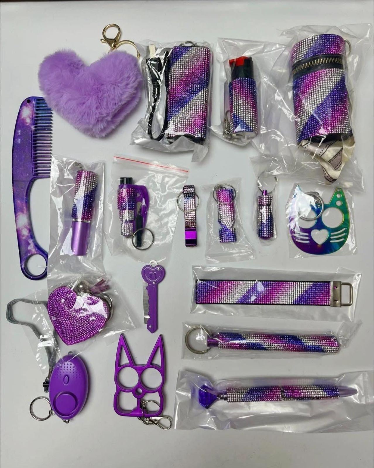 18 PCS Violet Safety Set - Premium self defense keychain set for women's personal safety. Features 18-piece comprehensive set and Multiple defense tools.