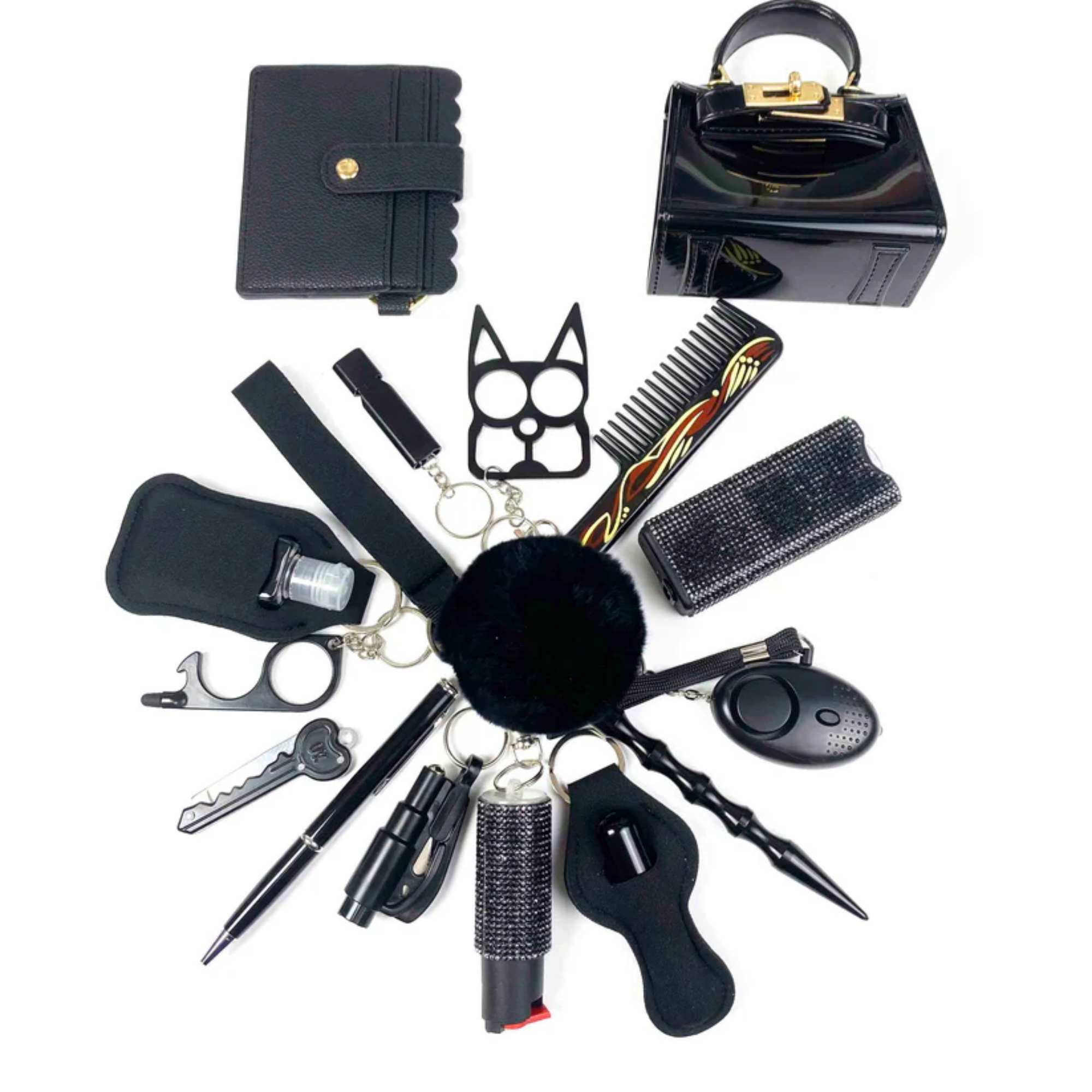 19 Pcs Safety Keychain Set - Premium self defense keychain set for women's personal safety. Features 19-piece comprehensive set and Multiple defense tools.