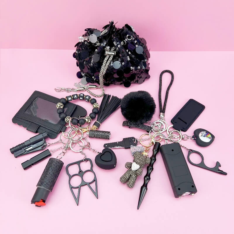 19 Pieces Of Sequin Dinner Bag Self-defense Keychain Set-Black - Premium self defense keychain set for women's personal safety. Features 19-piece comprehensive set and Tactical grade materials.