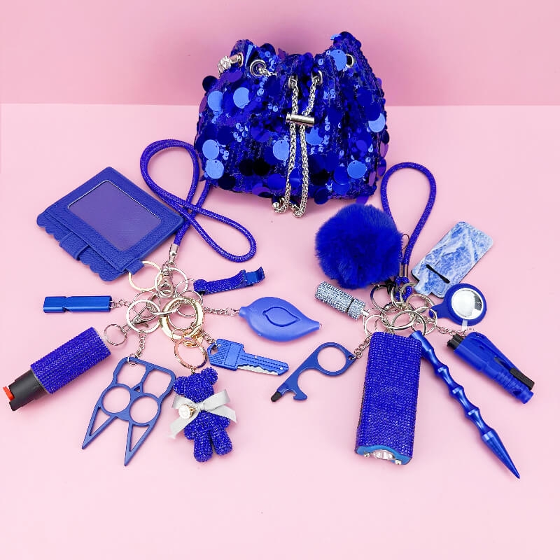 19 Pieces Of Sequin Dinner Bag Self-defense Keychain Set-Dark Blue - Premium self defense keychain set for women's personal safety. Features 19-piece comprehensive set and Multiple defense tools.