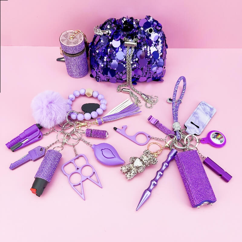 19 Pieces Of Sequin Dinner Bag Self-defense Keychain Set-Purple - Premium self defense keychain set for women's personal safety. Features 19-piece comprehensive set and Multiple defense tools.