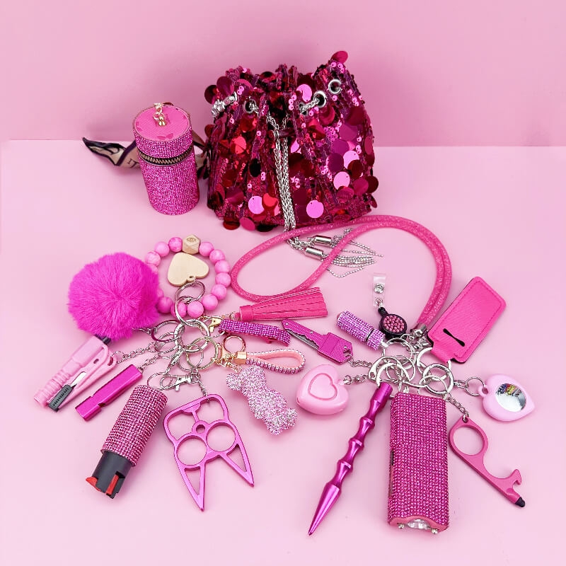 19 Pieces Of Sequin Dinner Bag Self-defense Keychain Set-Rose Red - Premium self defense keychain set for women's personal safety. Features 19-piece comprehensive set and Multiple defense tools.