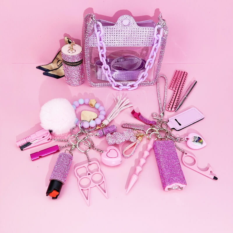 21 Piece Clear Diamond Bag Self Defense Keychain Kit - Premium self defense keychain set for women's personal safety. Features 21-piece comprehensive set and Keychain attachment.