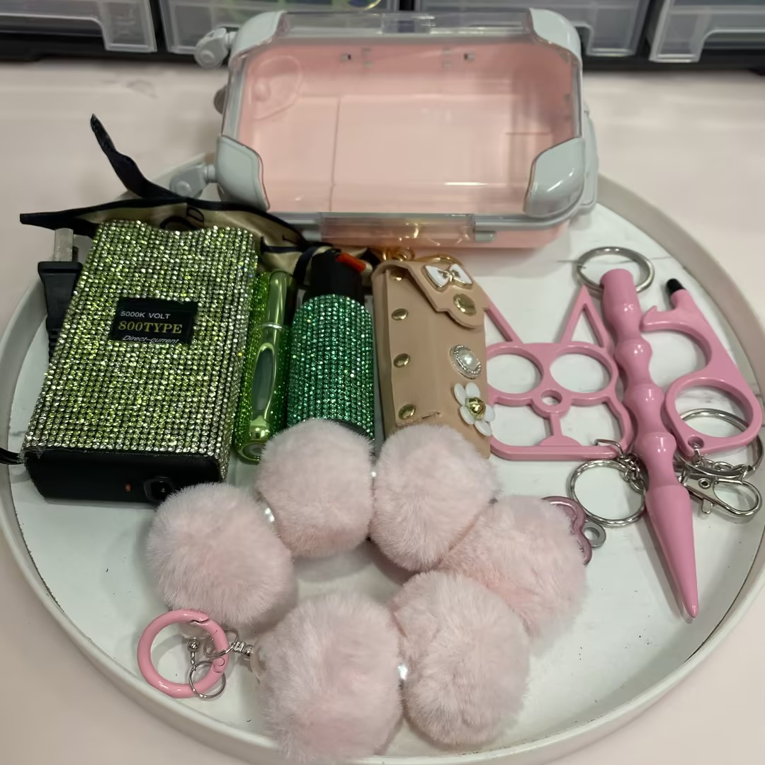 9pcs Plush Ball Green-pink Keychain Set - Premium self defense keychain set for women's personal safety. Features 9-piece comprehensive set and Multiple defense tools.