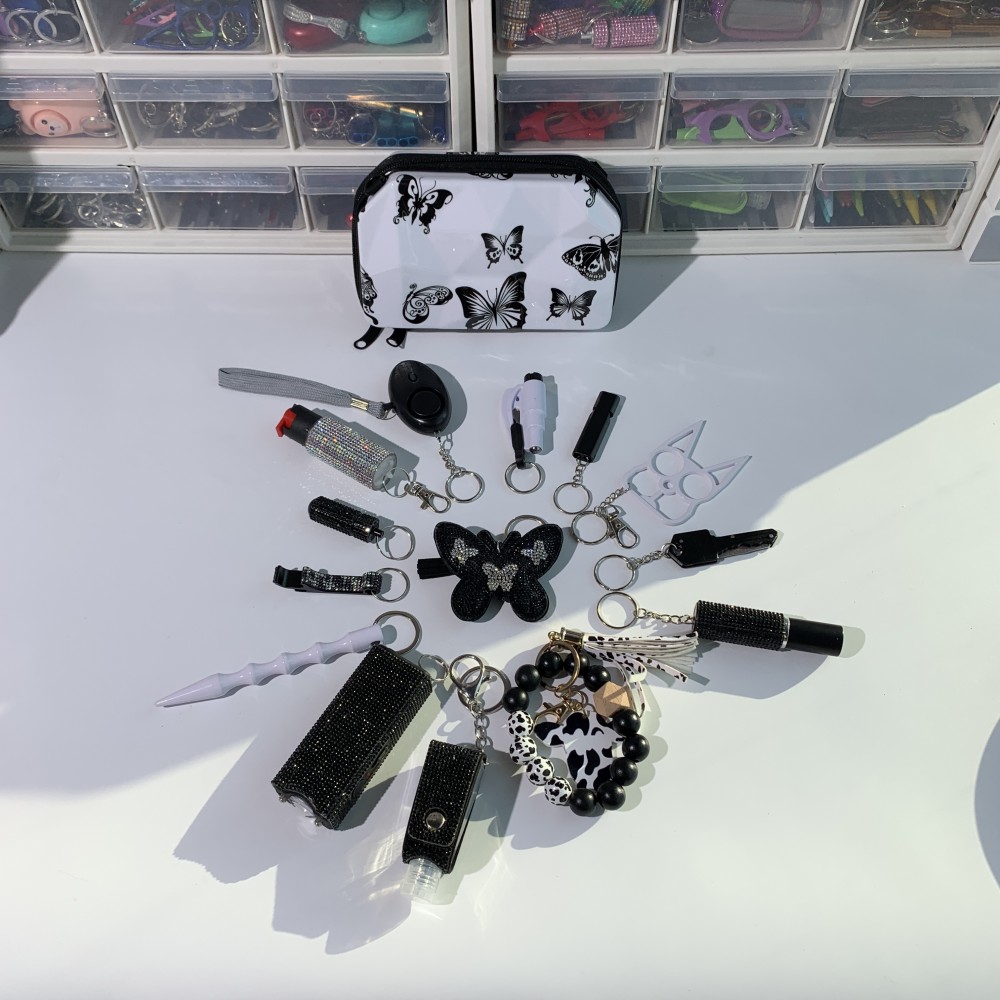 Butterfly Lightning Keychain Shiny 15pcs Keychain Set - Premium self defense keychain set for women's personal safety. Features 15-piece comprehensive set and Multiple defense tools.