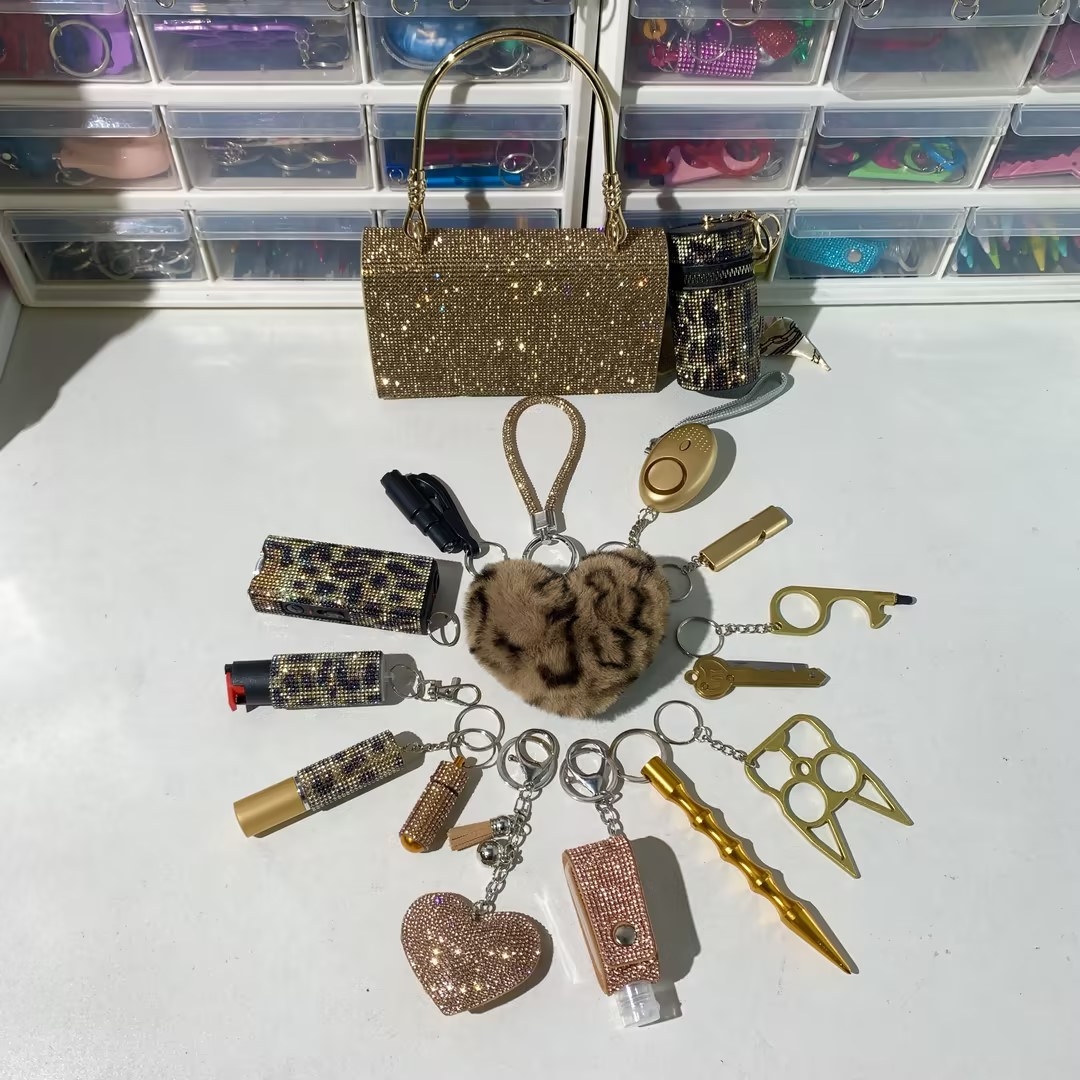 Gold Lightning Keychain Shiny 16pcs Keychain Set - Premium self defense keychain set for women's personal safety. Features 16-piece comprehensive set and Multiple defense tools.