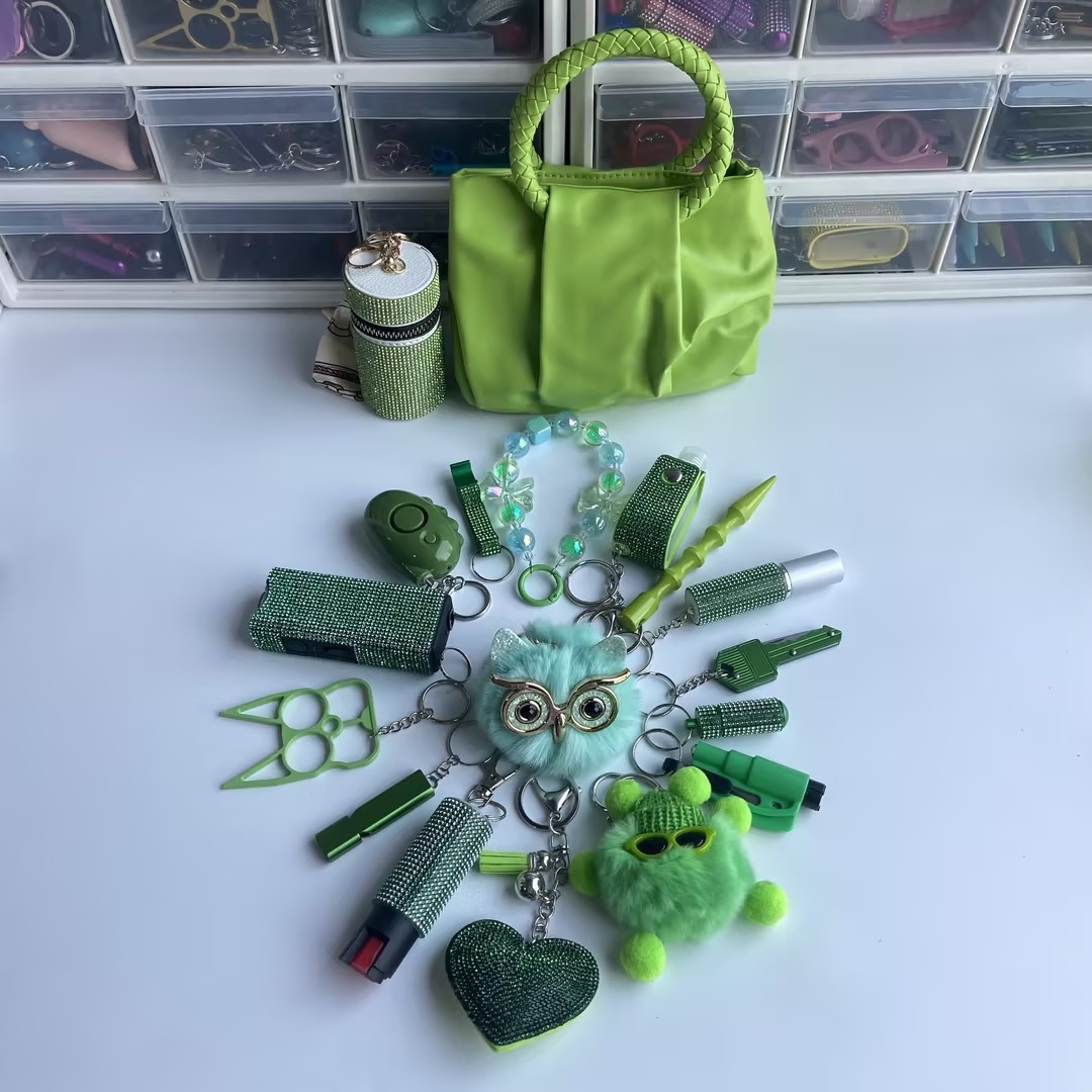 Green Lightning Keychain Shiny 18pcs Keychain Set - Premium self defense keychain set for women's personal safety. Features 18-piece comprehensive set and Multiple defense tools.