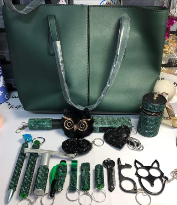Green Tote Bag Safety Set - Premium self defense keychain set for women's personal safety. Features Keychain attachment and Durable construction.