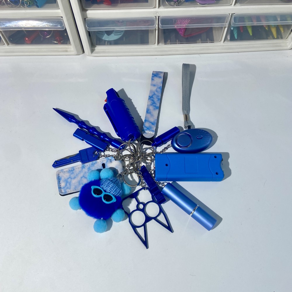 Matte Blue No Shiny  No Lightning Keychain 13pcs Keychain Set - Premium self defense keychain set for women's personal safety. Features 13-piece comprehensive set and Multiple defense tools.