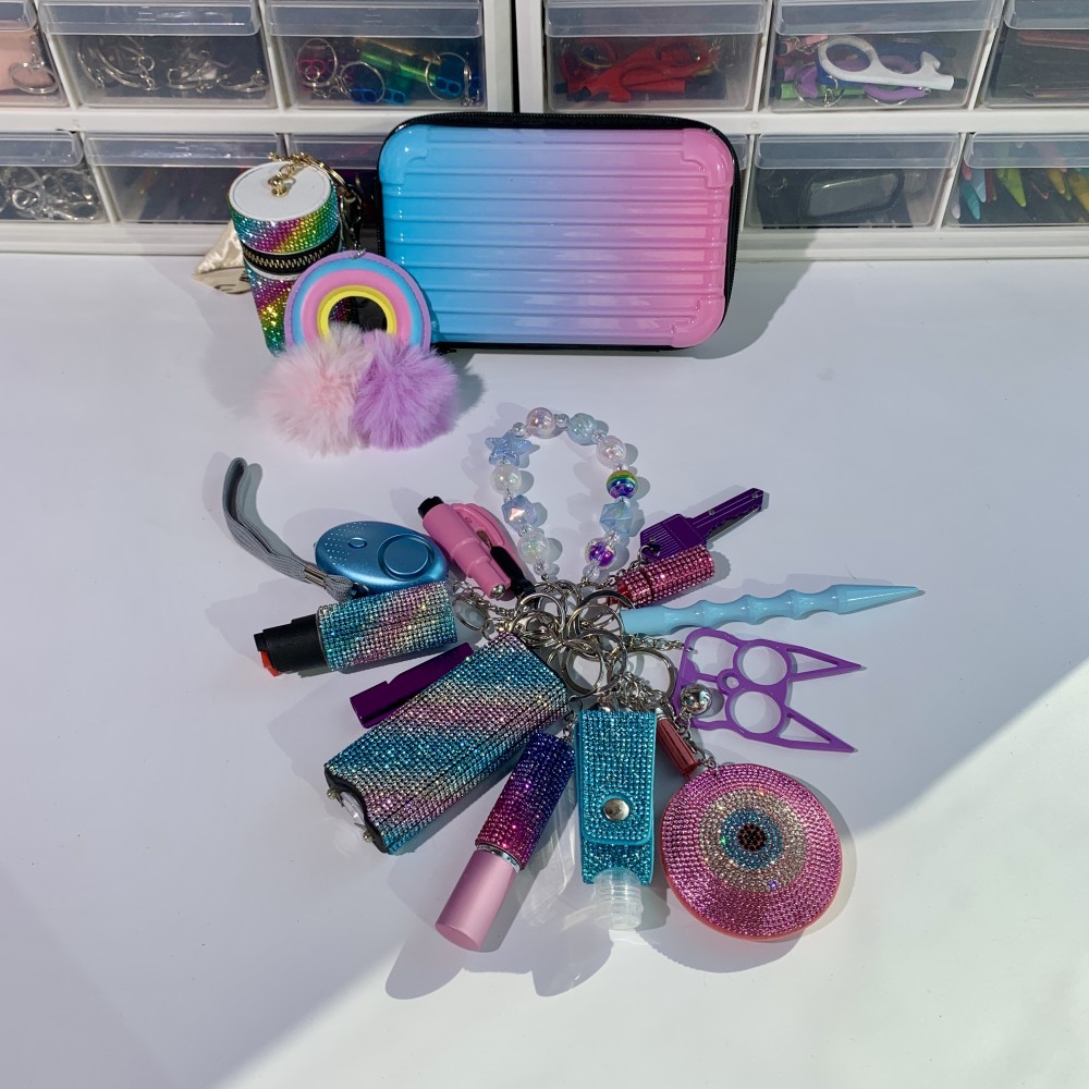 Rainbow Lightning Keychain  Shiny 16pcs Keychain Set - Premium self defense keychain set for women's personal safety. Features 16-piece comprehensive set and Multiple defense tools.