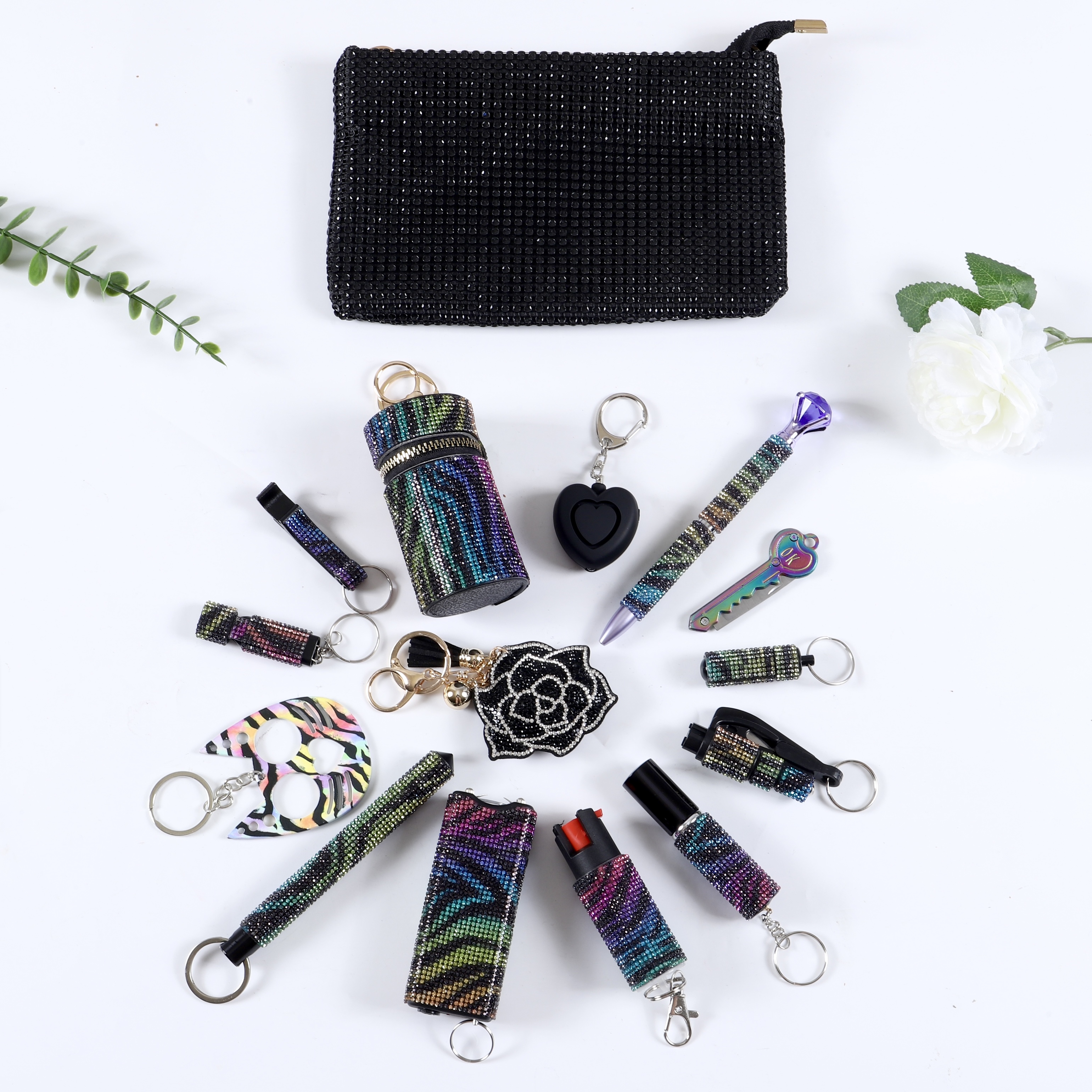 Rainbow Zebra Set 15 PCS - Premium self defense keychain set for women's personal safety. Features 15-piece comprehensive set and Multiple defense tools.