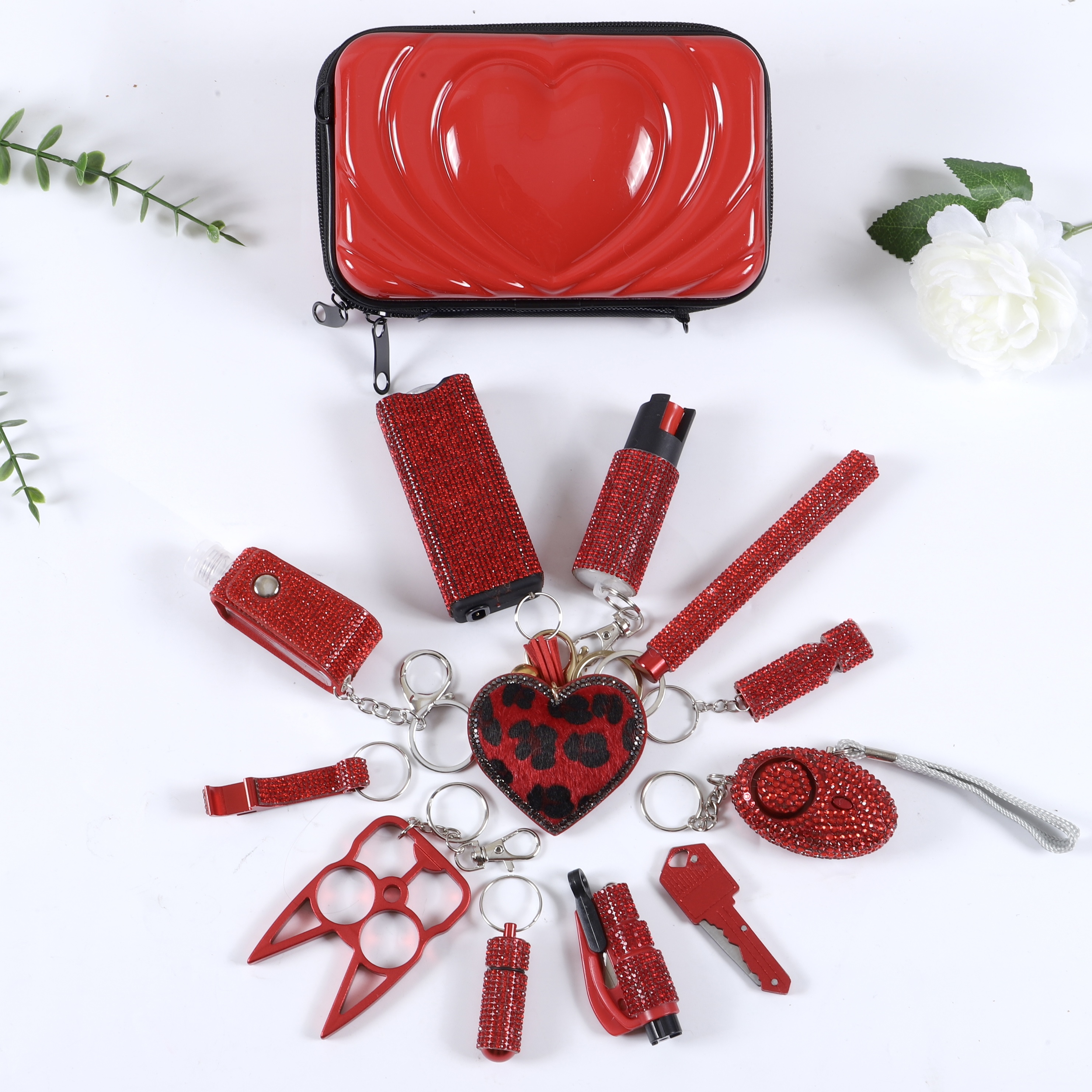 Red Heart Set 13 PCS With Crossbody - Premium self defense keychain set for women's personal safety. Features 13-piece comprehensive set and Multiple defense tools.