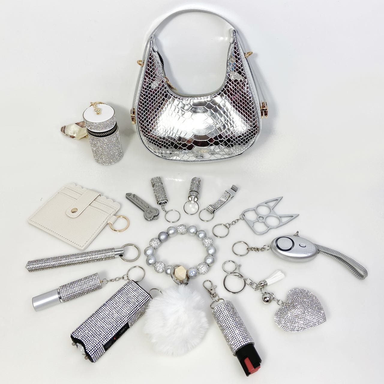 Silver Safety Keychain Set - Premium self defense keychain set for women's personal safety. Features Keychain attachment and Durable construction.
