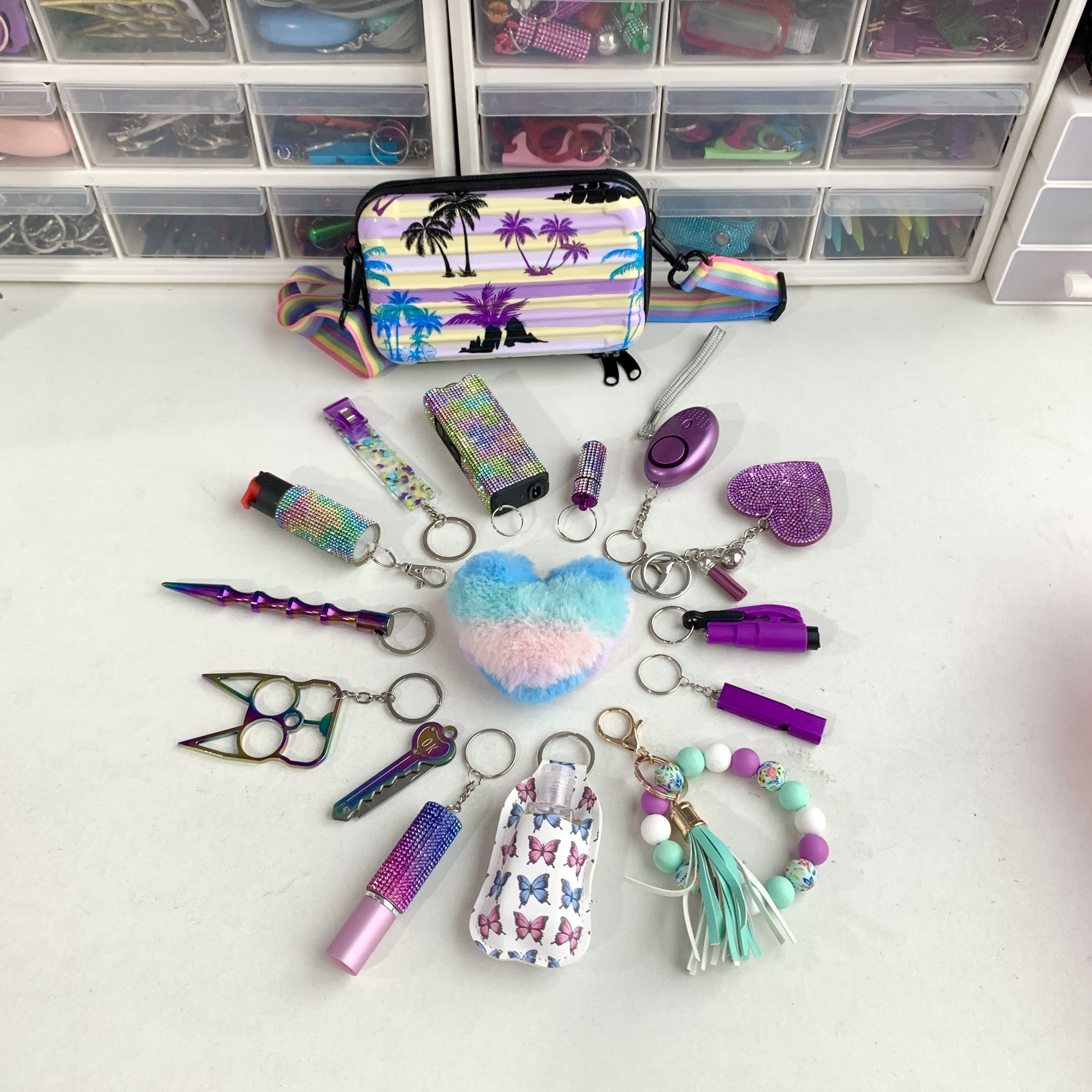 Spring Limited Lightning Keychain Shiny 16pcs Keychain Set - Premium self defense keychain set for women's personal safety. Features 16-piece comprehensive set and Multiple defense tools.